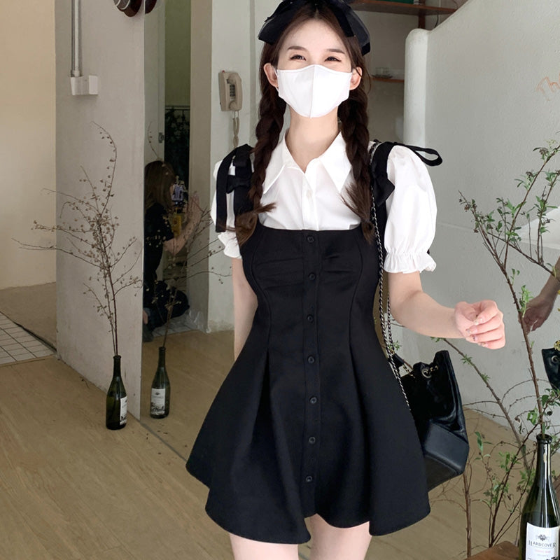 Kawaii Puff Sleeve T-Shirt Lace Up Dress Set K19898