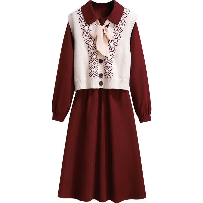 Bow Knot Red Dress Rhombus Print Vest Set