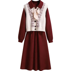 Bow Knot Red Dress Rhombus Print Vest Set