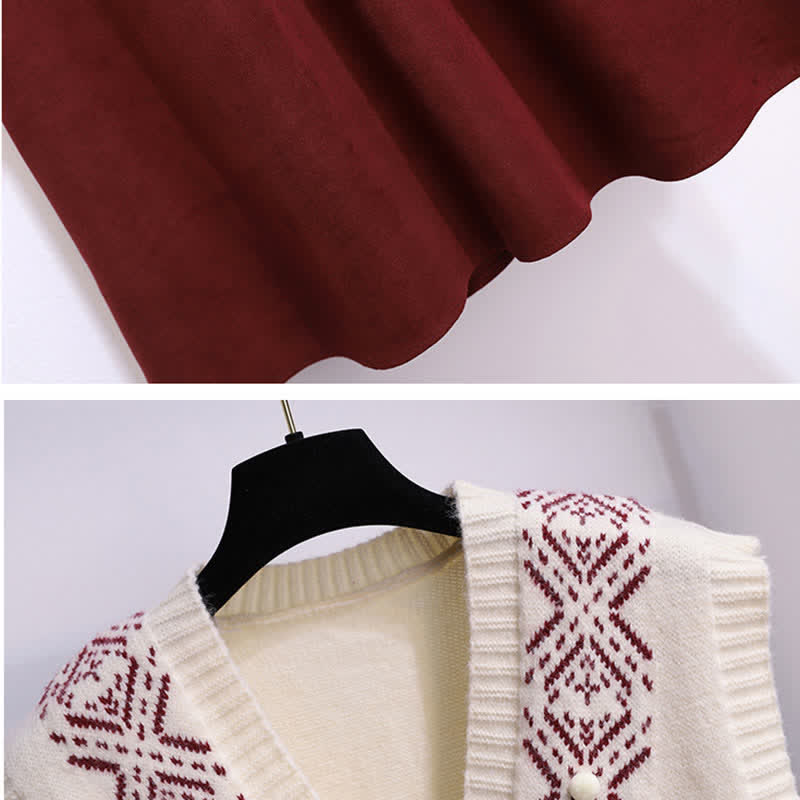 Bow Knot Red Dress Rhombus Print Vest Set
