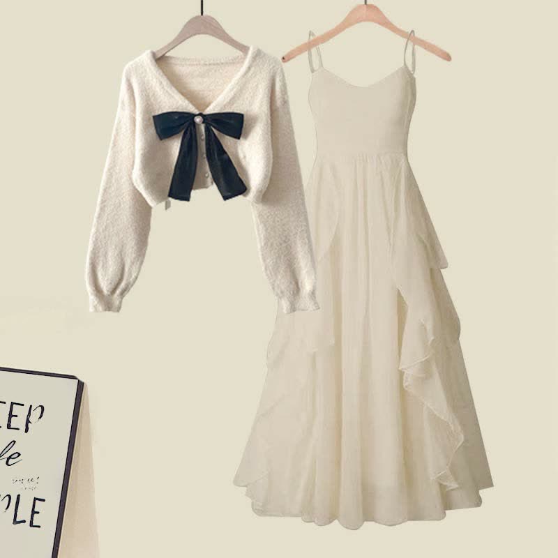Bow Knot Cardigan Sweater Flouncing Slip Dress