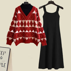 Red Rhombus Plaid Sweatshirt Slip Dress Set