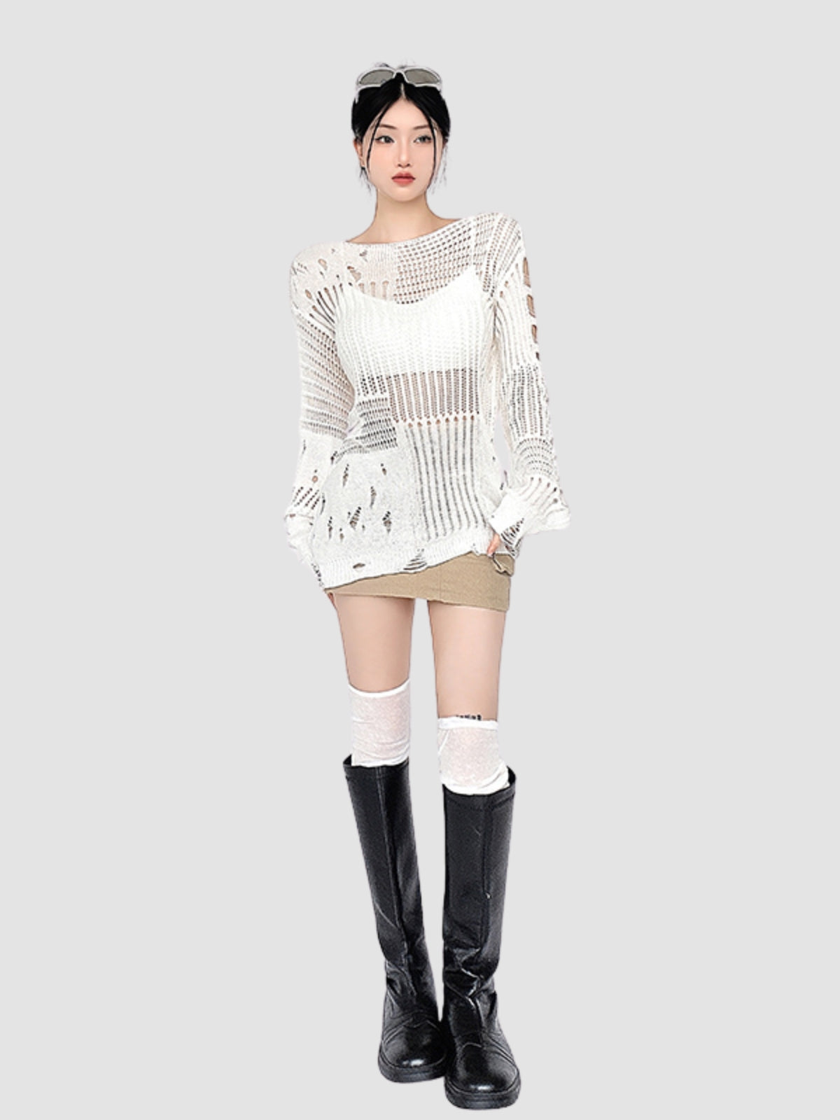 Hollow Woolen Round Neck Long-Sleeved Top