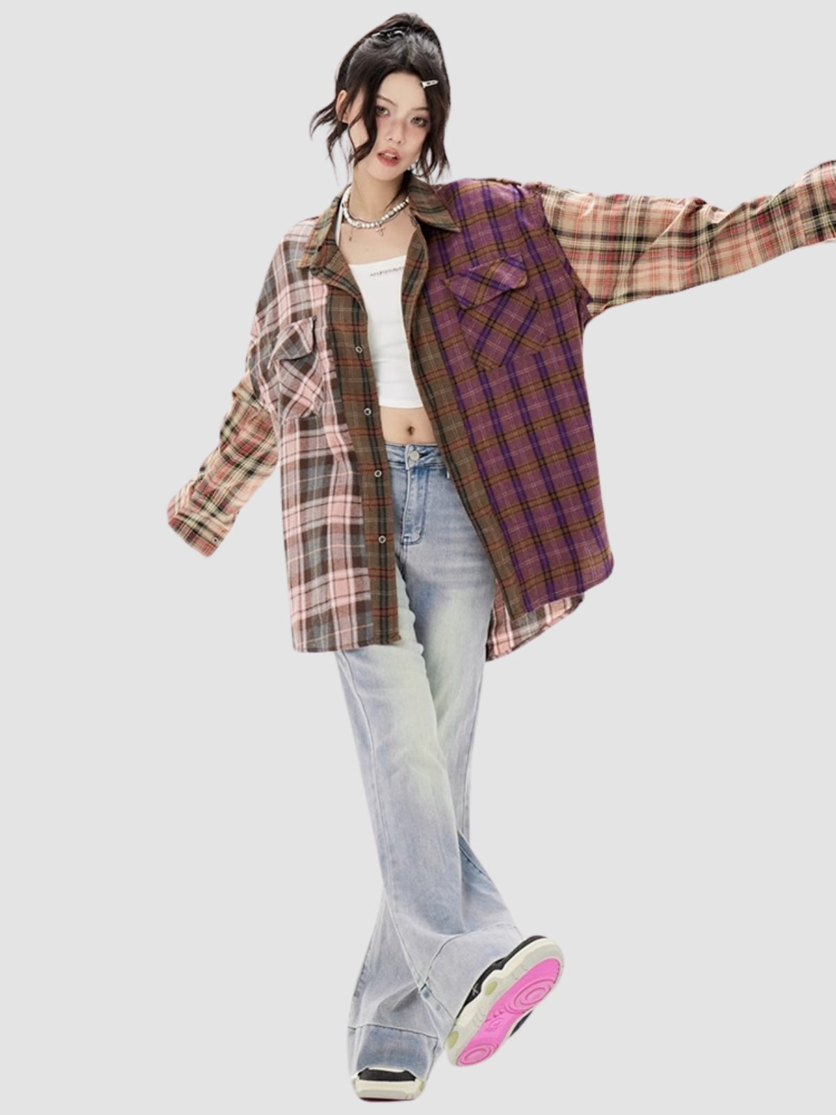 Irregular Splicing Loose Retro Plaid Shirt