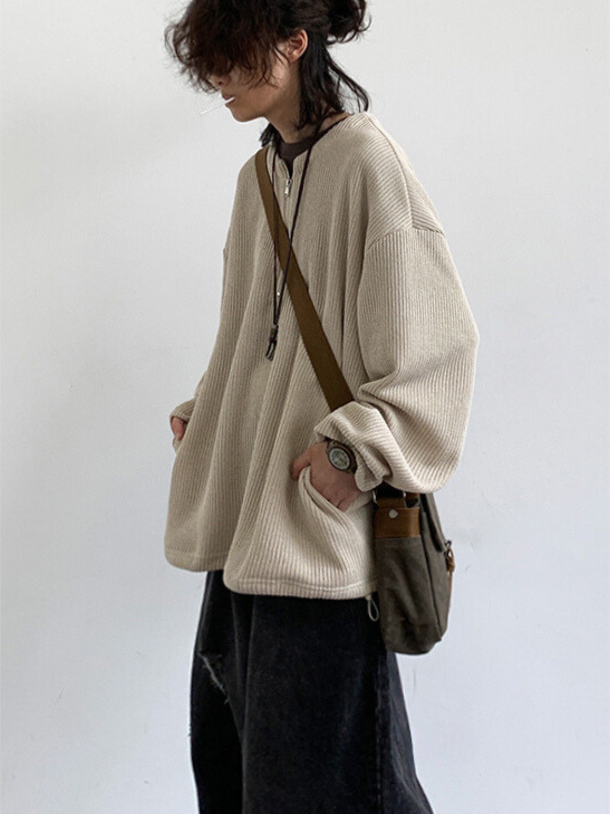 Retro Half Open Collar Knitted Sweater