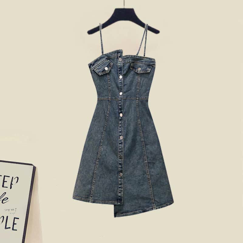 Irregular Hollow Out Sweater Denim Slip Dress