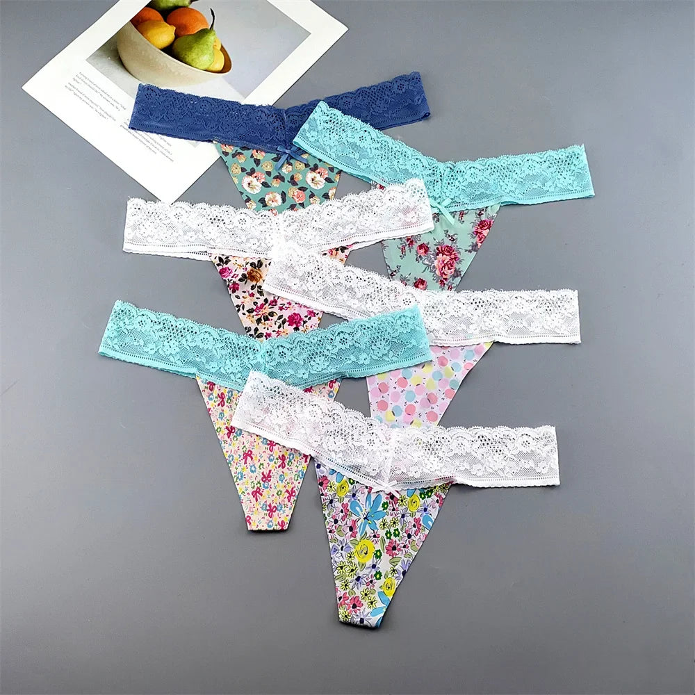 6PCS Lovely Girsl Floral Ice Silk Thong