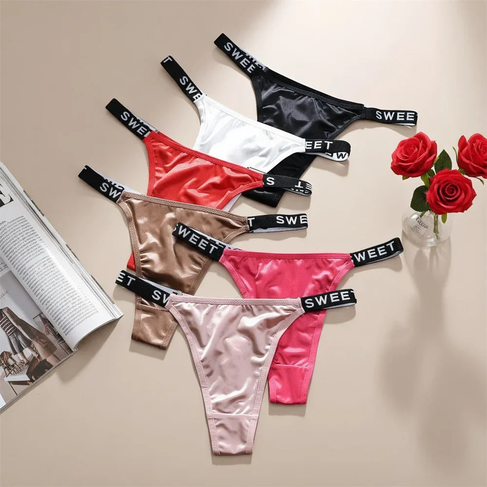 6PCS Letters Waisted Women's Smooth Satin G-strings Underwear