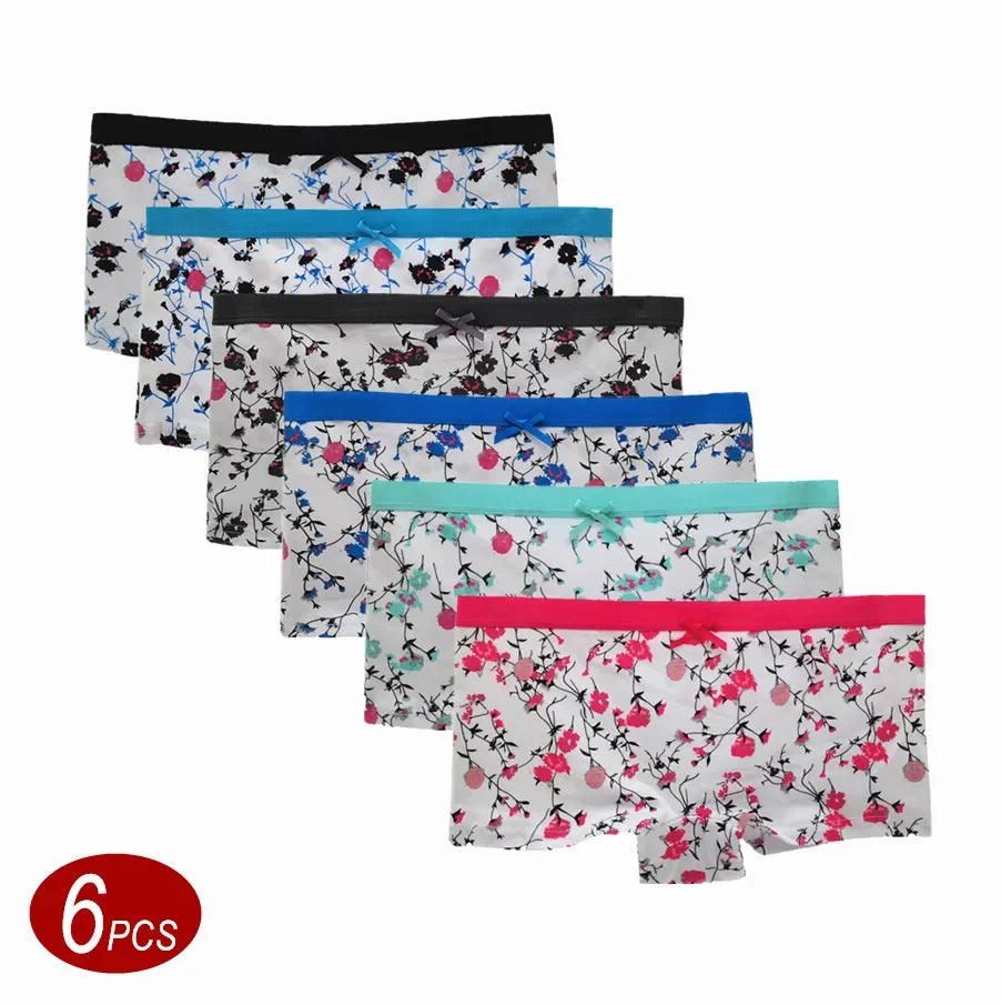 6Pcs Printed Flowers Cotton Boyshorts Women Underwear