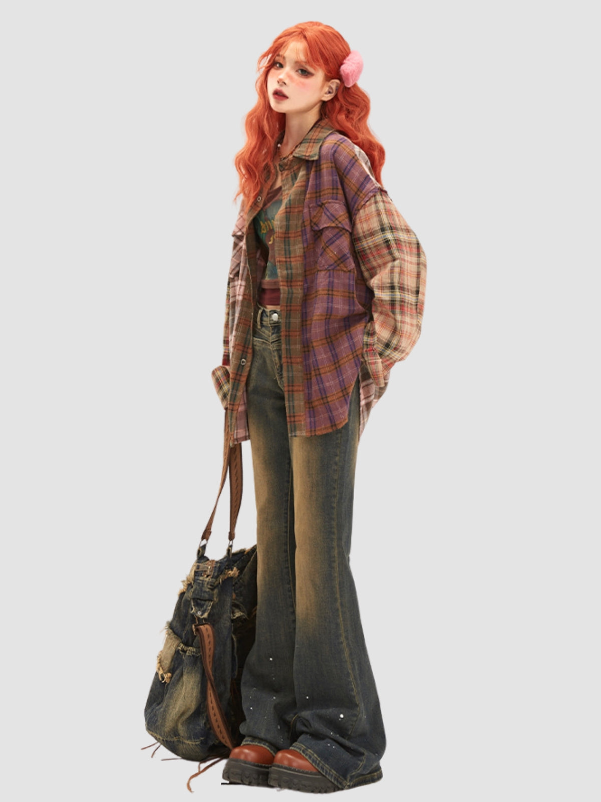 Irregular Splicing Loose Retro Plaid Shirt
