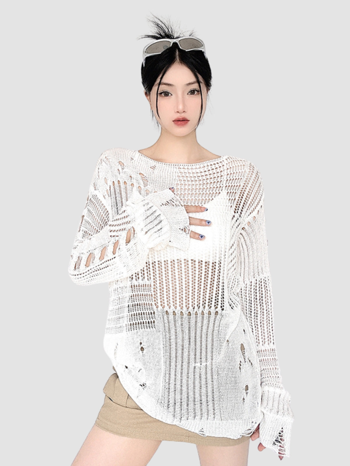 Hollow Woolen Round Neck Long-Sleeved Top