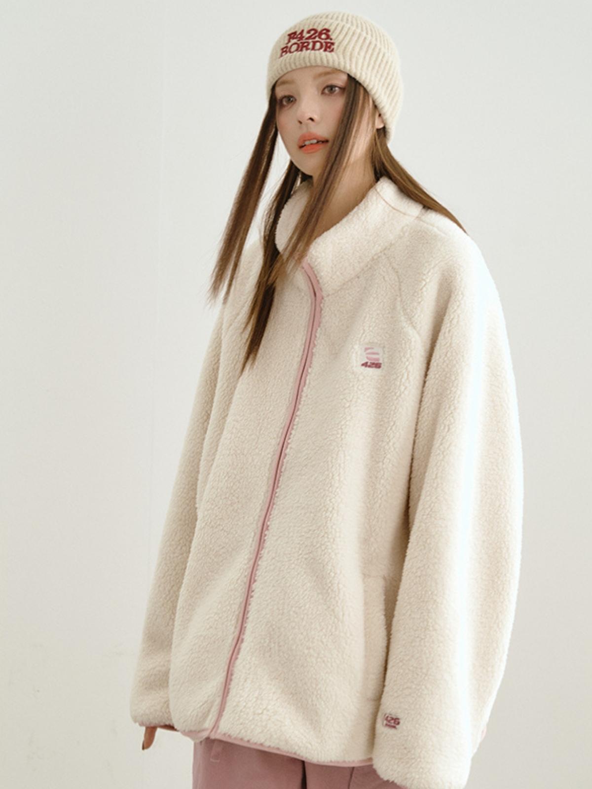 Loose Contrasting Color Edging Cotton Plush Jacket