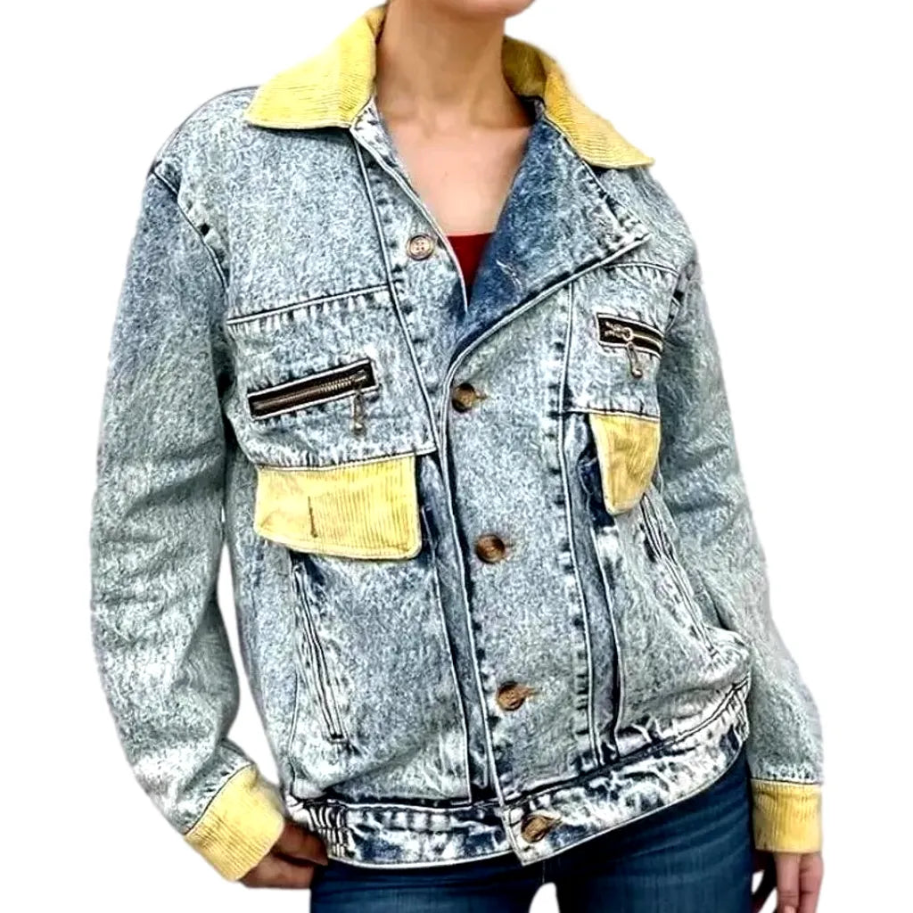 Faded wash corduroy collar denim jacket for women