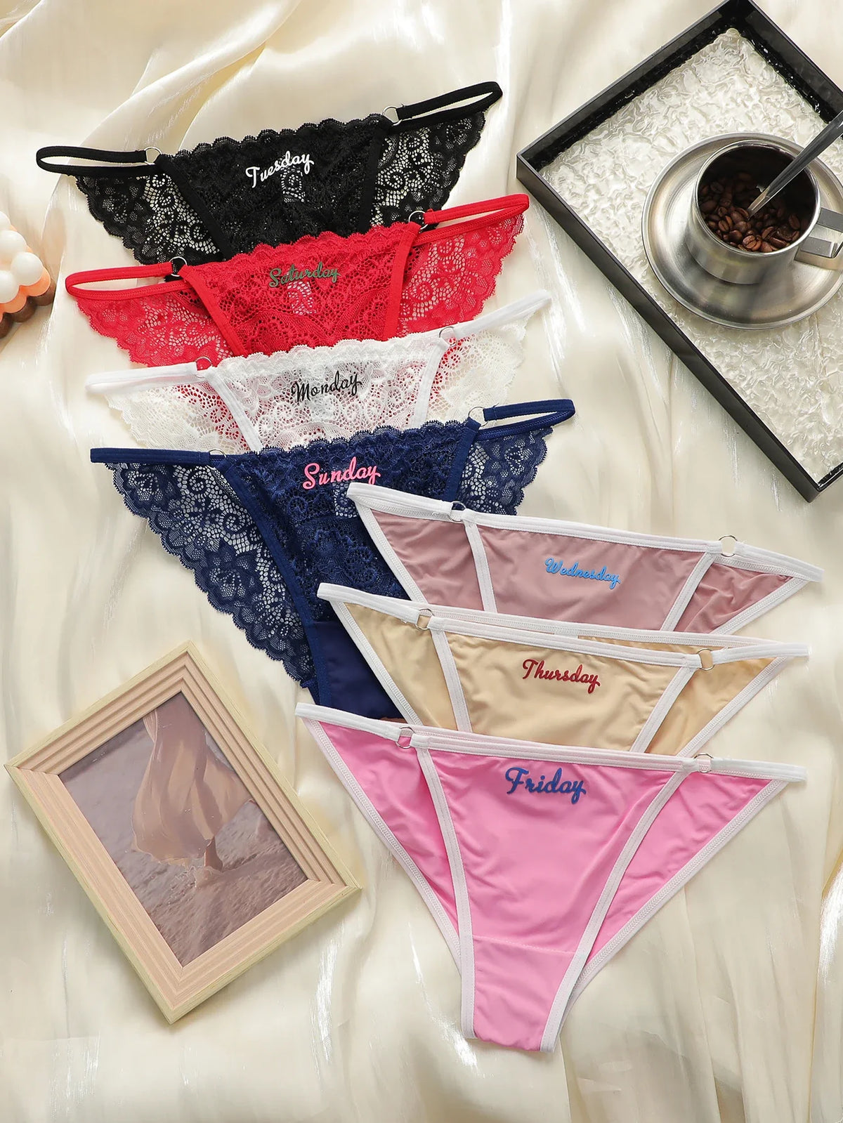 7-piece Set Of Women's Multicolored Sexy Lace Embroidered Letter Thong