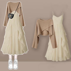 Cross Knit Sweater Flouncing Slip Dress Set