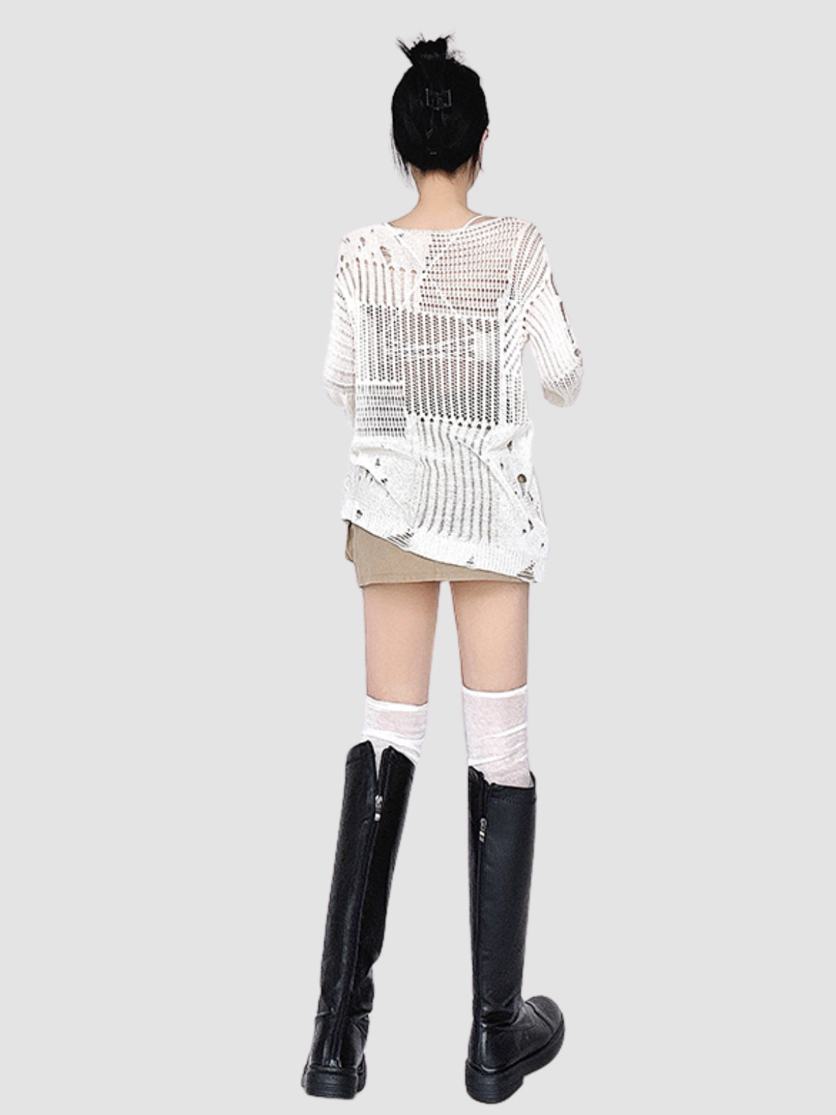 Hollow Woolen Round Neck Long-Sleeved Top