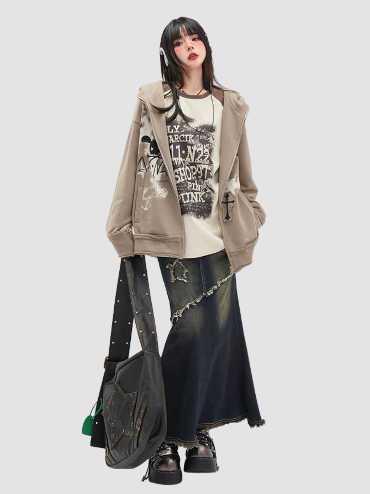 Raw Edge Retro Fishtail Denim Skirt