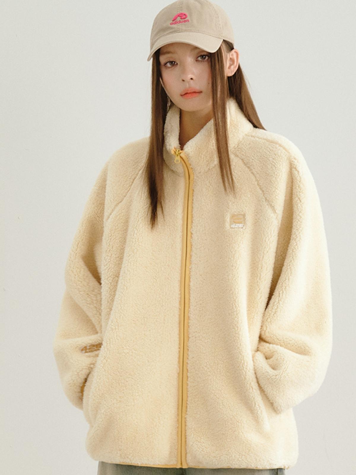 Loose Contrasting Color Edging Cotton Plush Jacket