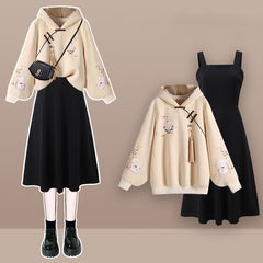 Vintage Bunny Print Fringed Buckle Hoodie Slip Dress
