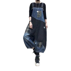 Chic boho checkered fit denim bib for women