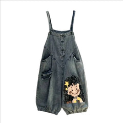 Unique cargo pockets rubber hem women's jean bib