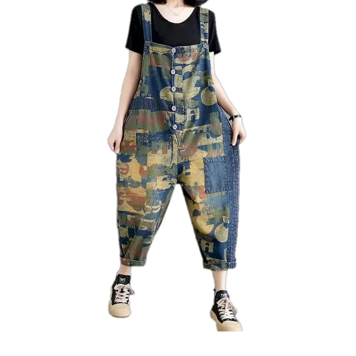 Colorful baggy-fit patchwork women's denim bib