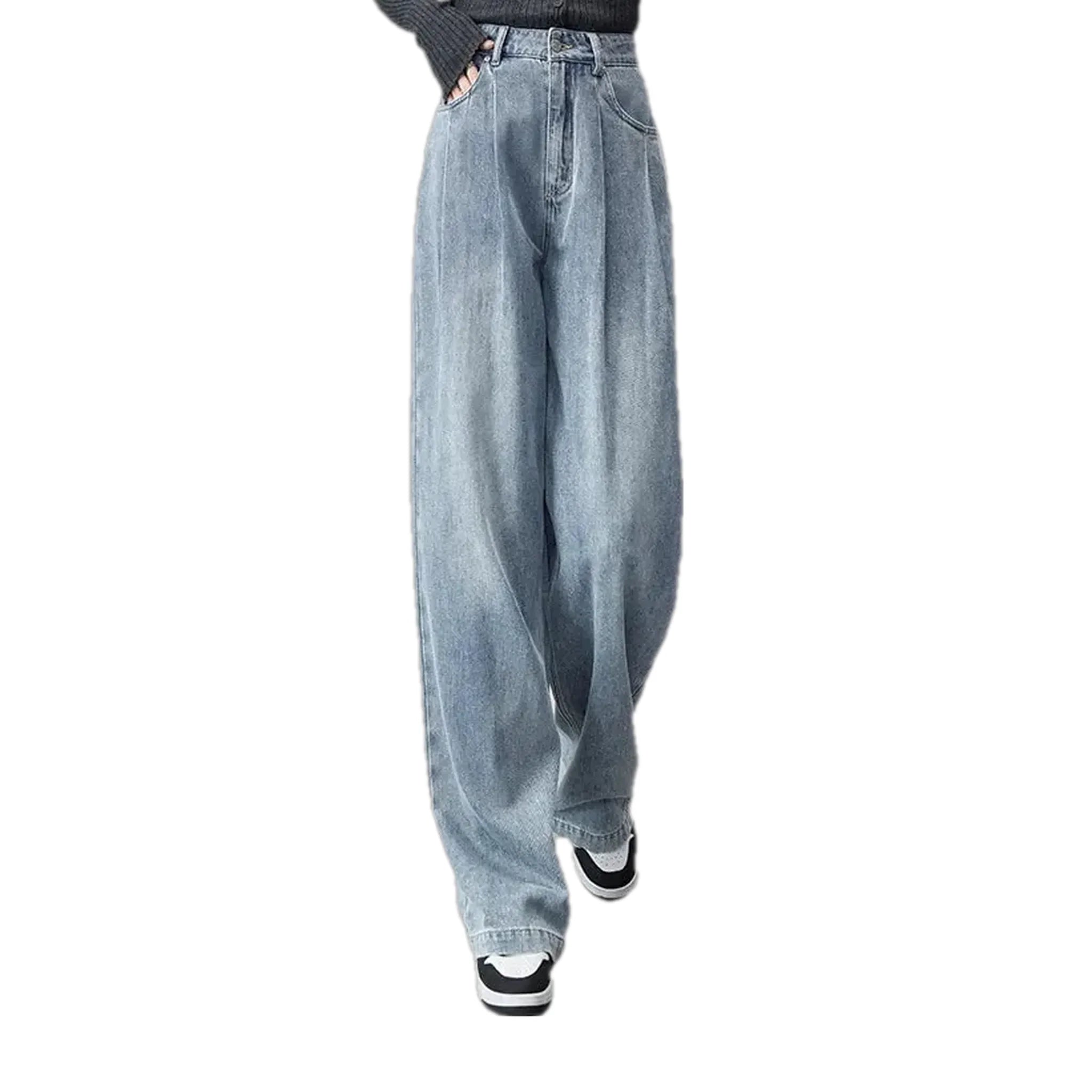 Whiskered baggy fit fashion jeans for ladies