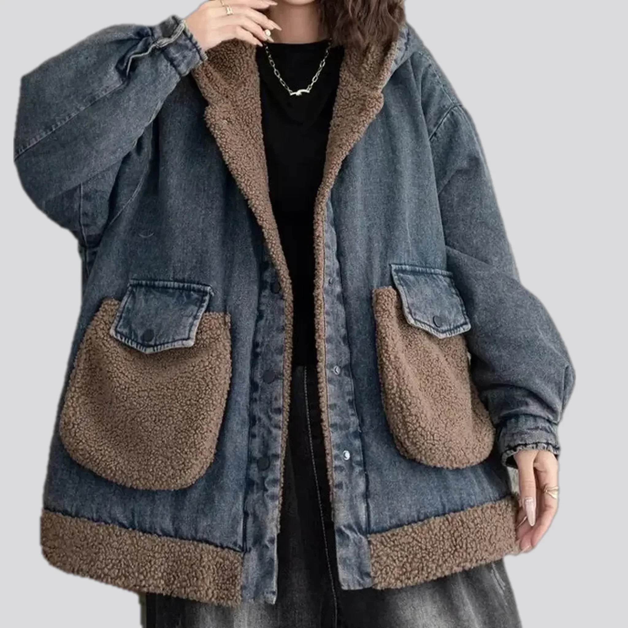 Boho style fur trim women's jean chore jacket