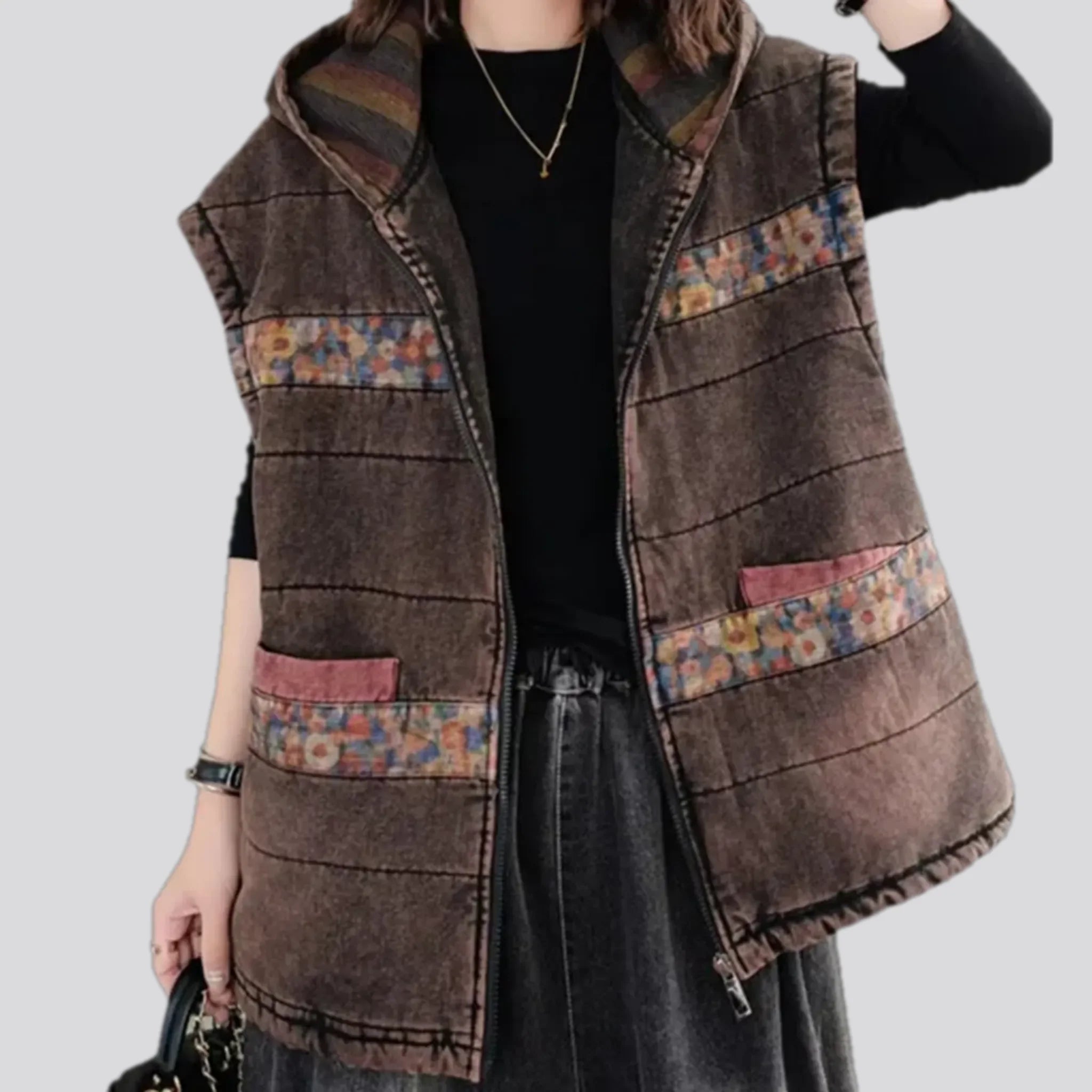 Medium fit vintage patchwork women's denim vest