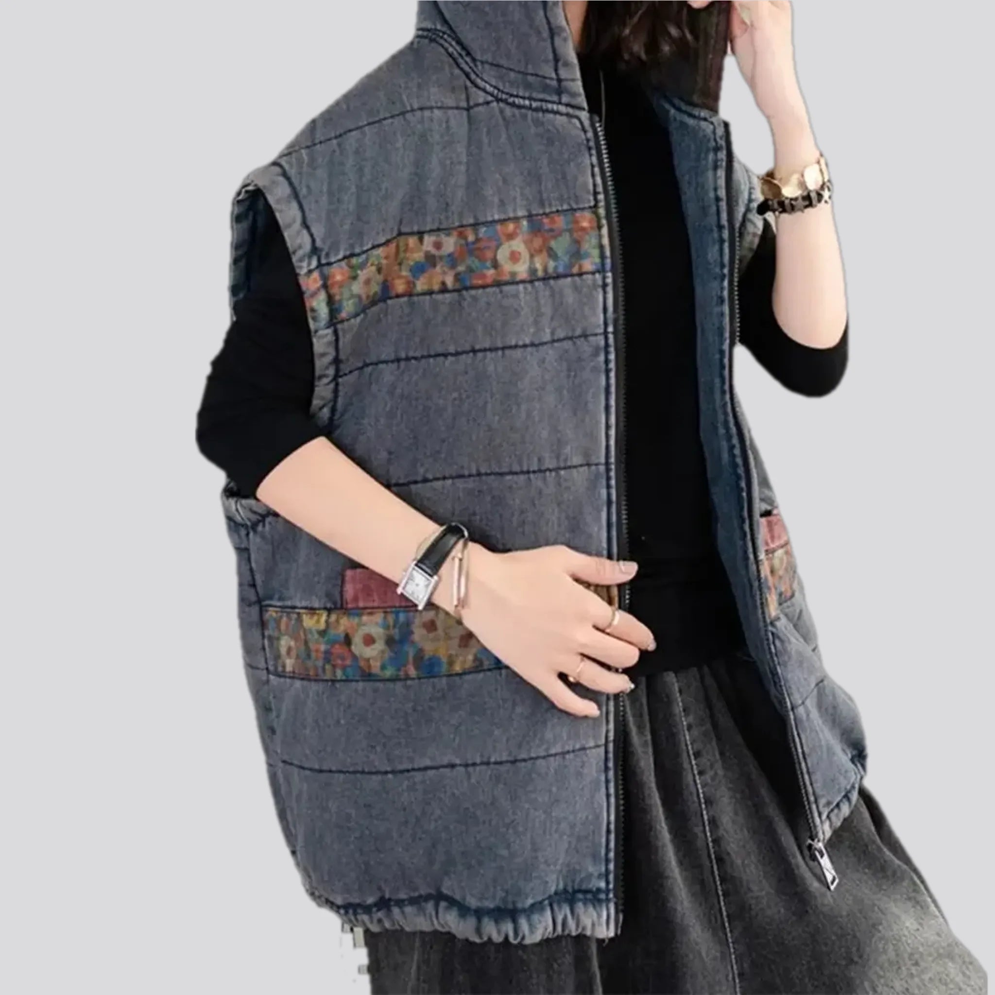 Medium fit vintage patchwork women's denim vest