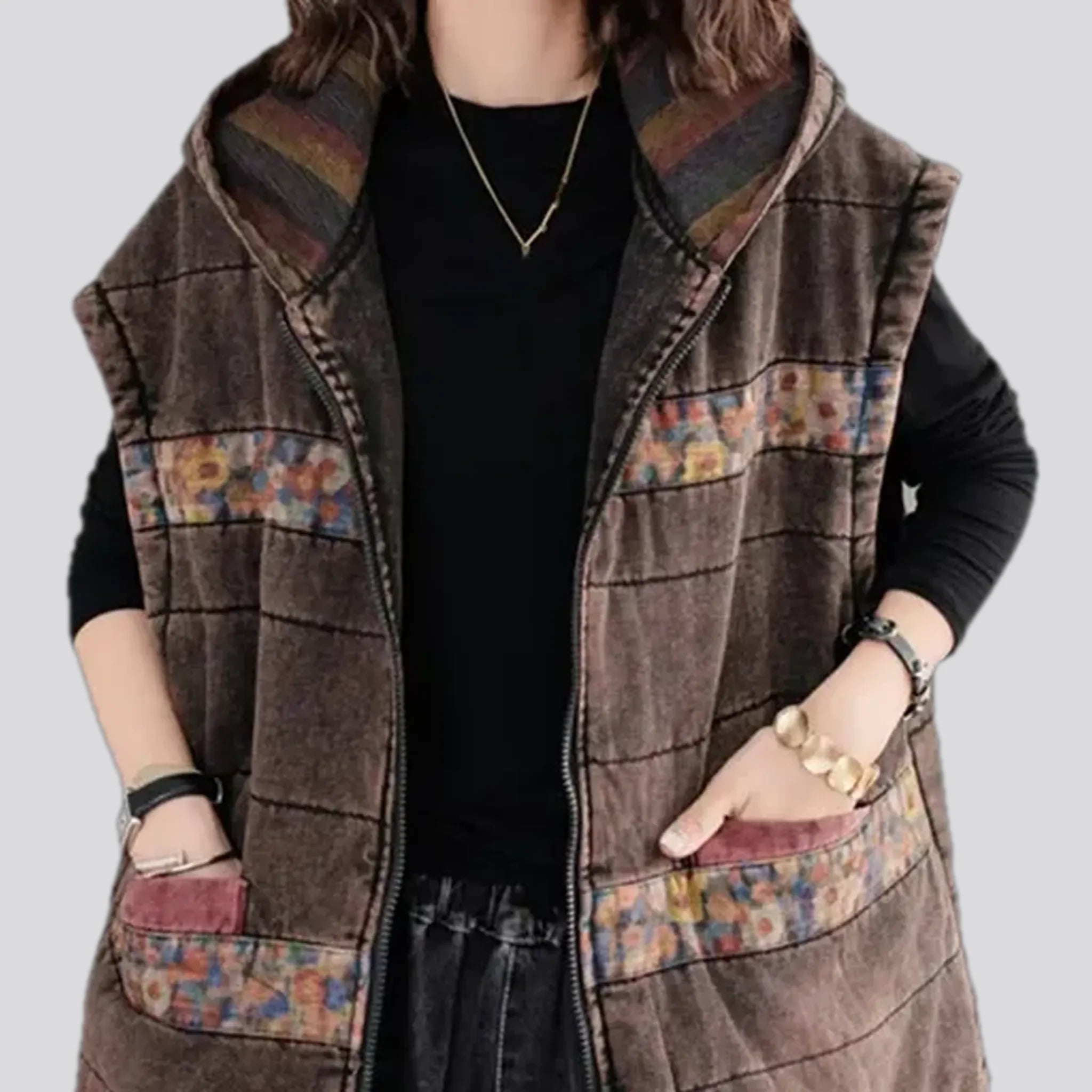 Medium fit vintage patchwork women's denim vest
