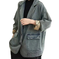 Boho style retro plaid cuff denim blazer for women