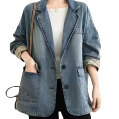 Boho style retro plaid cuff denim blazer for women