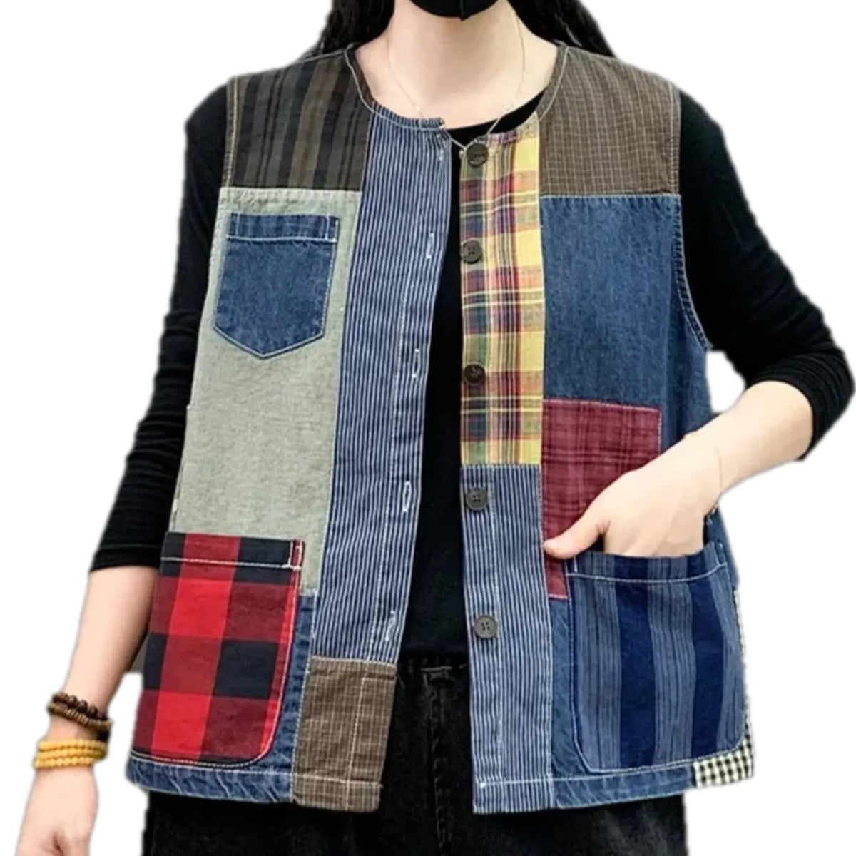 Boho mixed color oversized jean vest for women