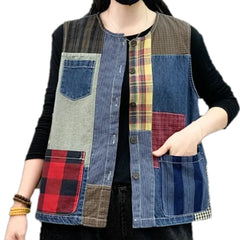 Boho mixed color oversized jean vest for women