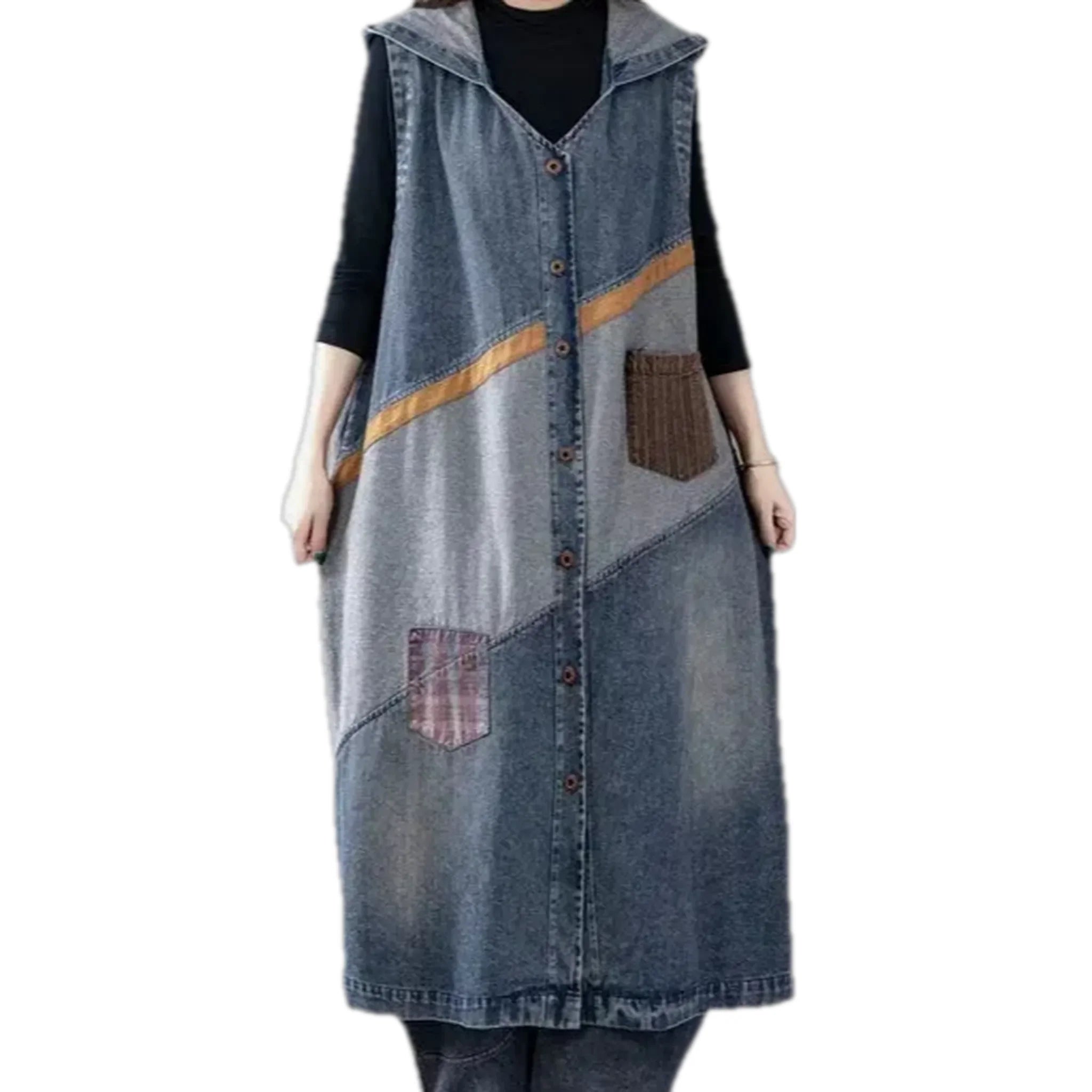 Vintage patchwork denim coat vest for women