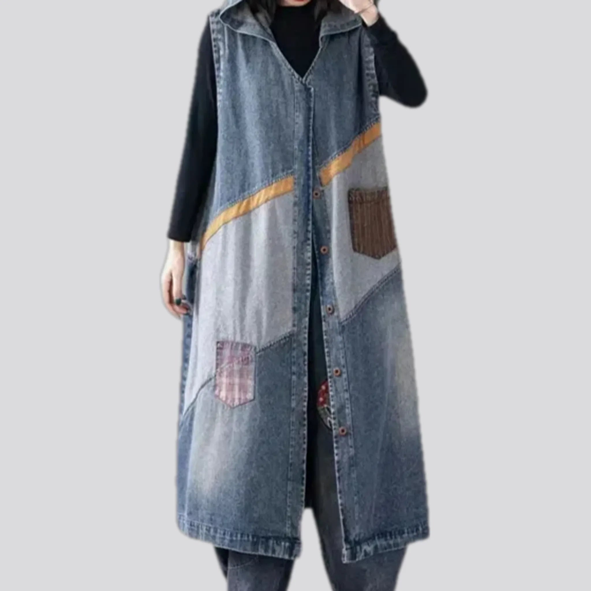 Vintage patchwork denim coat vest for women