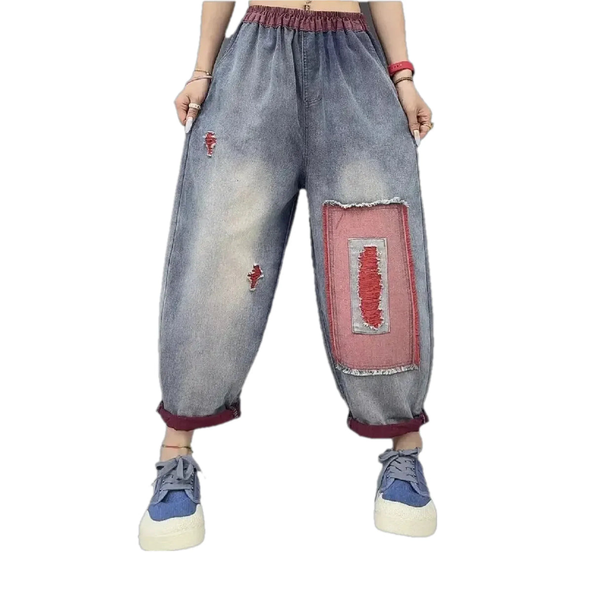 Mid rise denim joggers for women