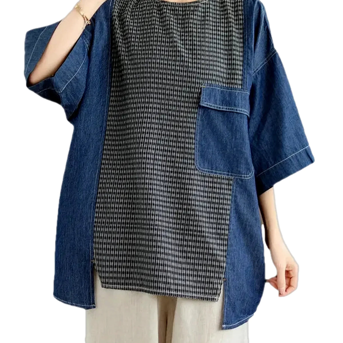 Versatile extra-large plaid women's jean shirt