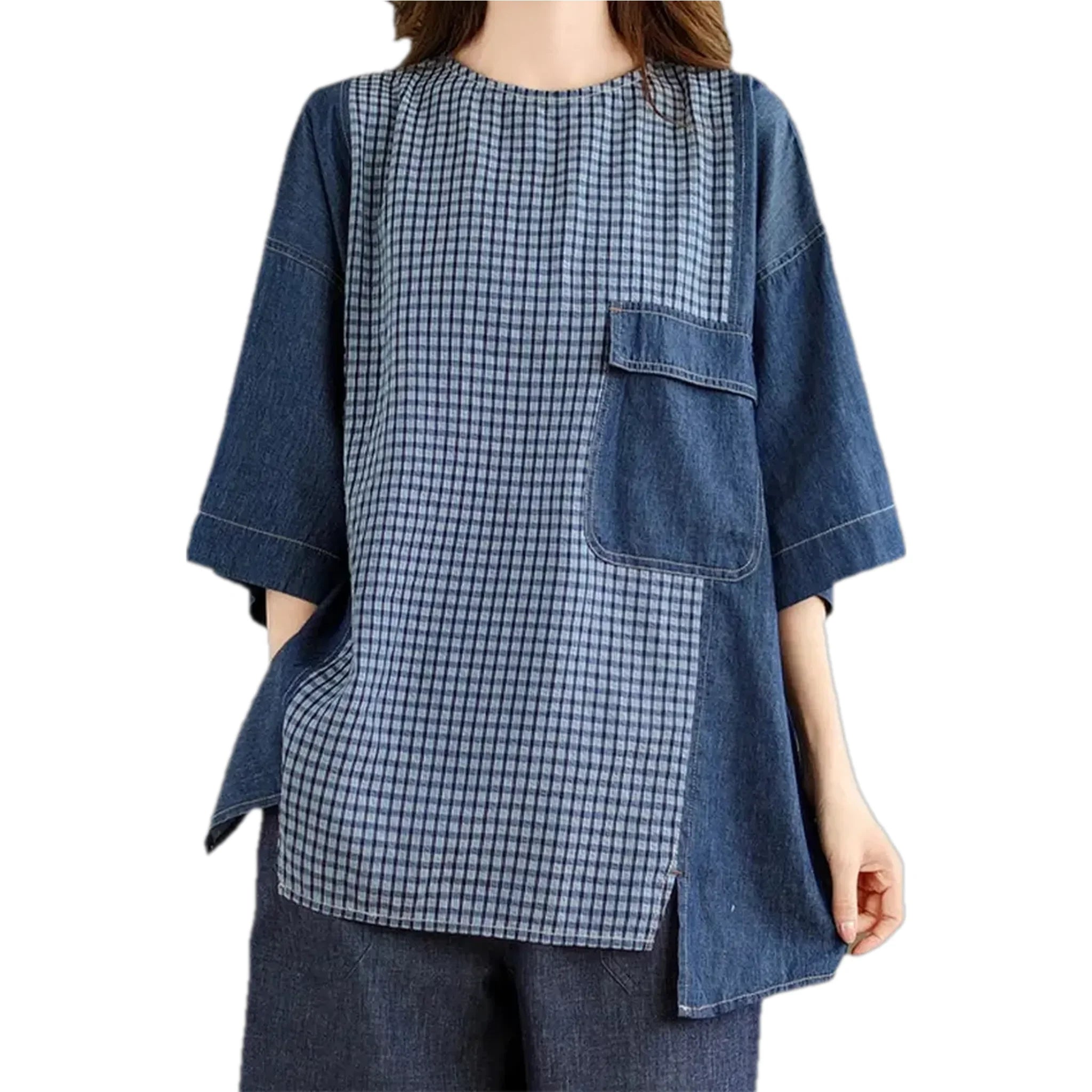 Versatile extra-large plaid women's jean shirt