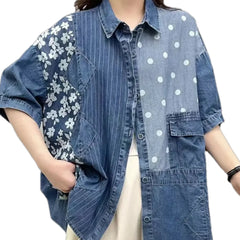 Fashionable striped patchwork women's jean shirt