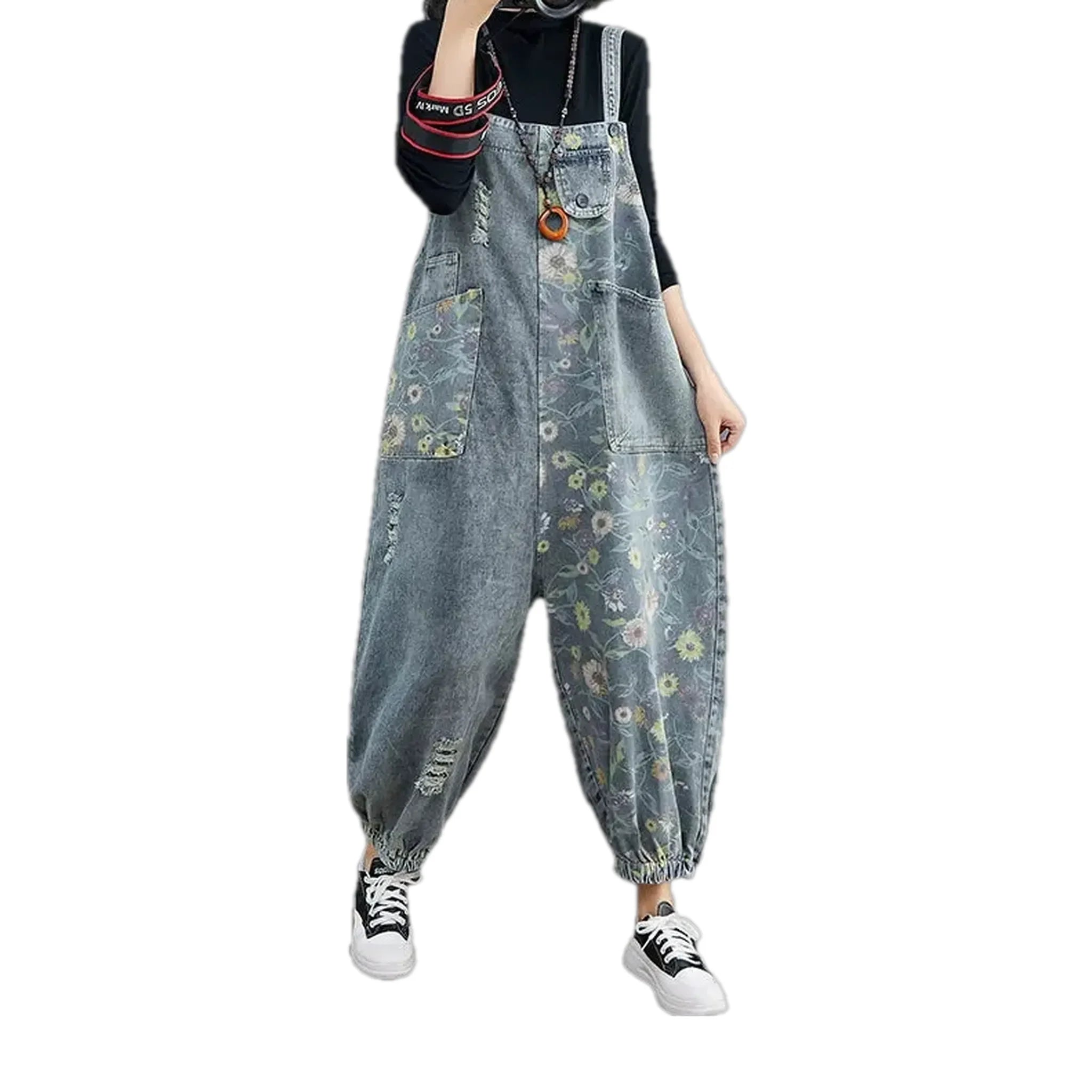 Trendy floral boho baggy women's jeans dungaree