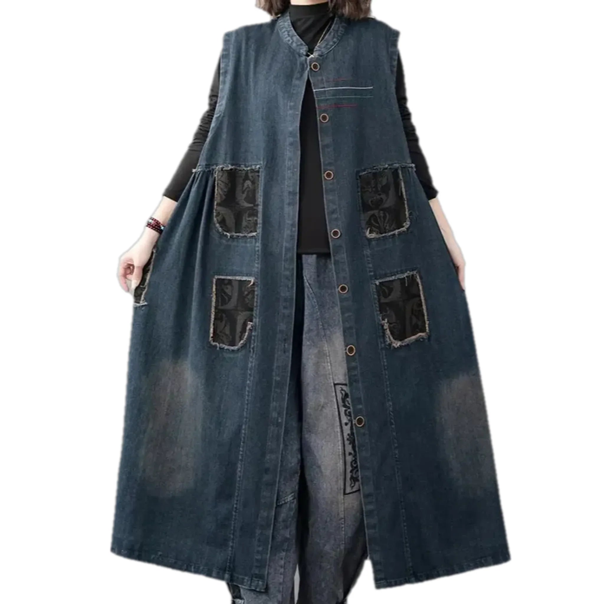 Trendy floral patchwork boho women's jeans vest