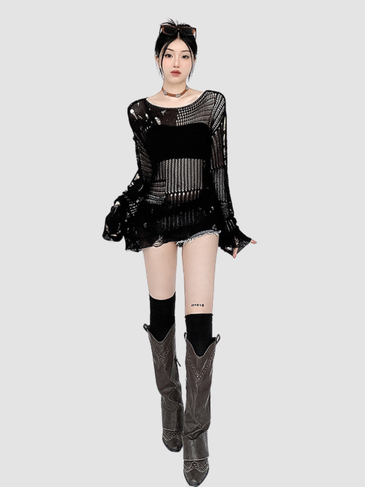 Hollow Woolen Round Neck Long-Sleeved Top