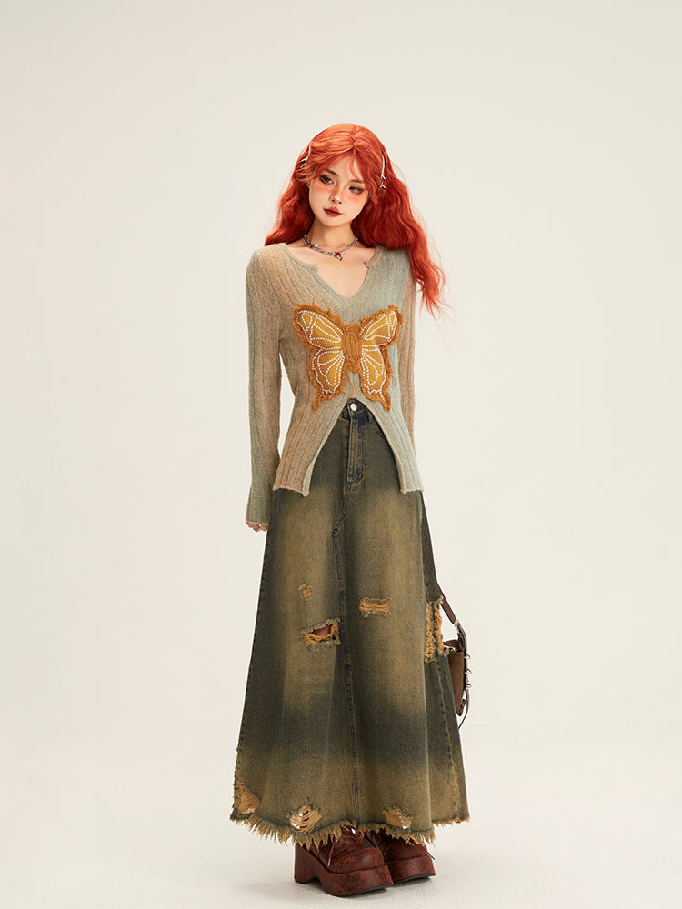 Retro Butterfly Patch Embroidered Slim Top