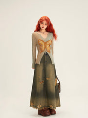 Retro Butterfly Patch Embroidered Slim Top