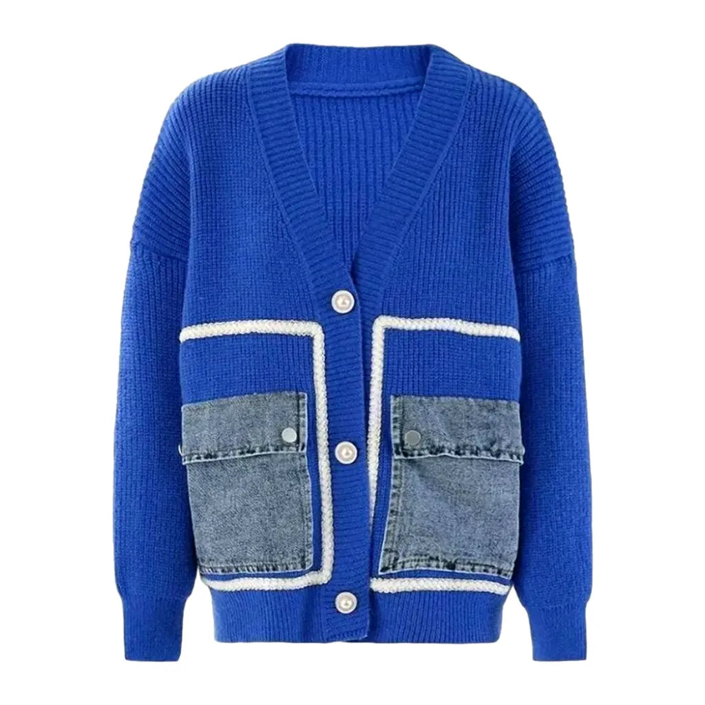 Cargo pockets light pattern women's denim cardigan