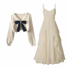 Bow Knot Cardigan Sweater Flouncing Slip Dress