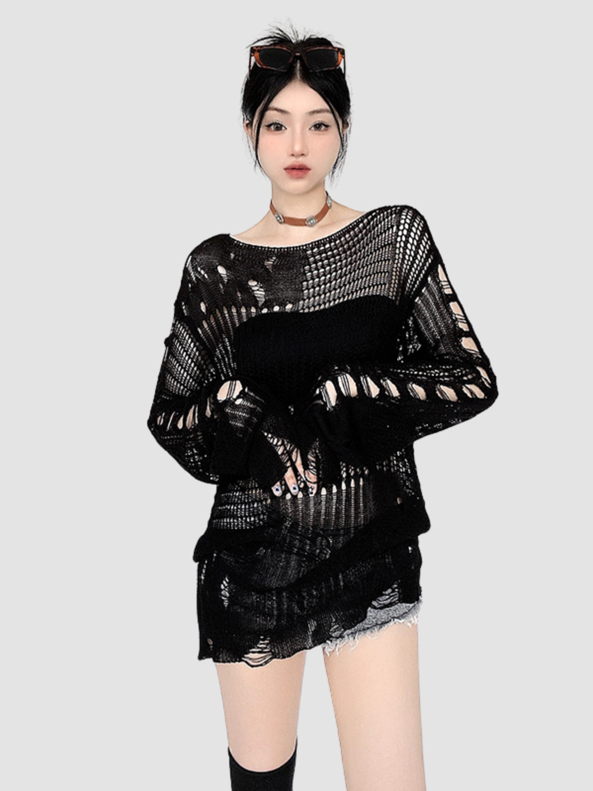 Hollow Woolen Round Neck Long-Sleeved Top