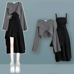 Elegant Cross Knit Sweater Lace Up Irregular Ruffled Slip Dress Set MK19596